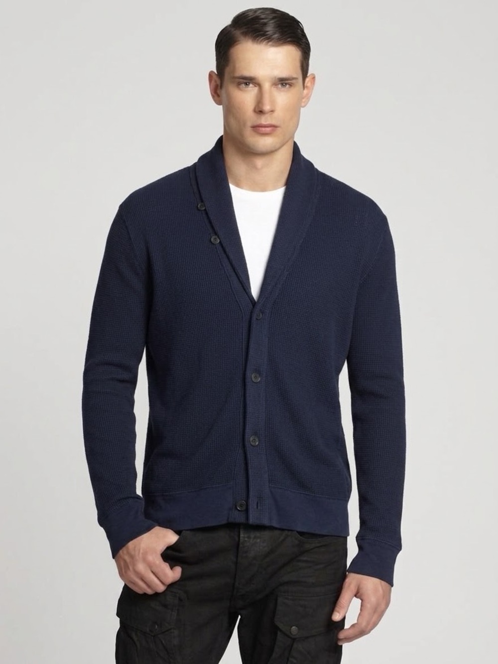 Ralph Lauren Mens Shawl Collar Cardigan Waffle Knit 100% Pima Cotton Blue L